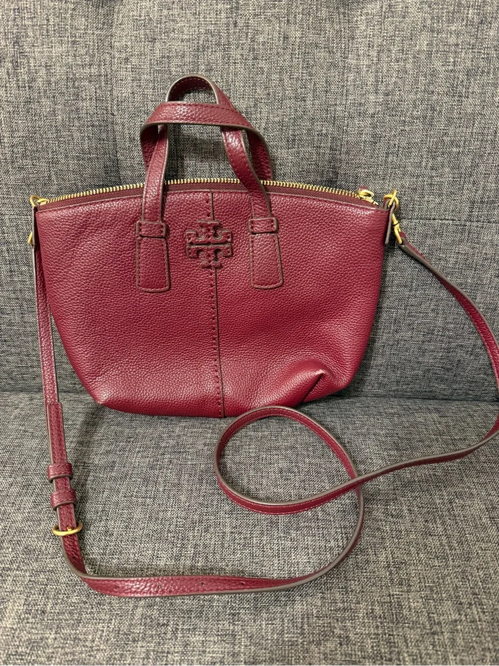 Tory Burch Small Pebbled Leather Satchel in Wine with Gold Hardware